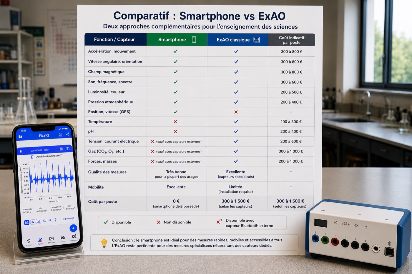 Comparaison entre smartphone et matériel ExAO pour l'expérimentation en physique : capteurs et coût