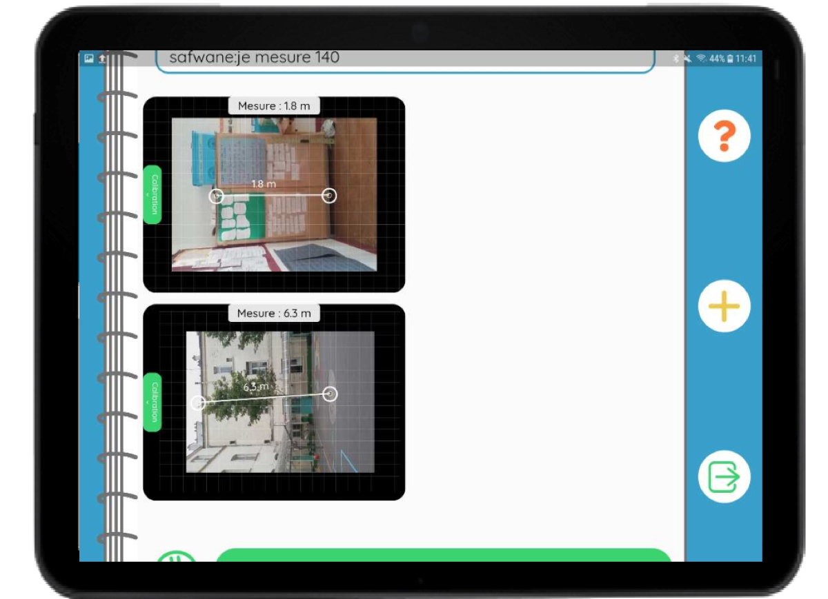 Cahier de mesures FizziQ Junior affiché sur une tablette