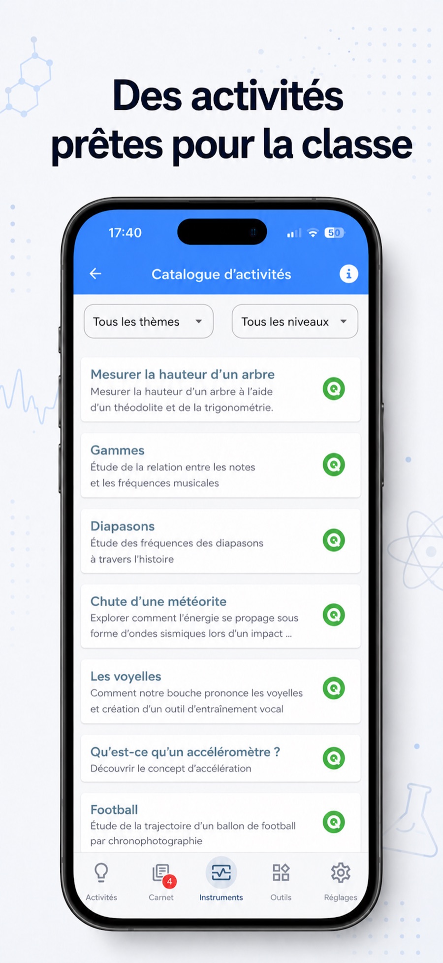 Nouvel écran Activités de FizziQ Cobalt