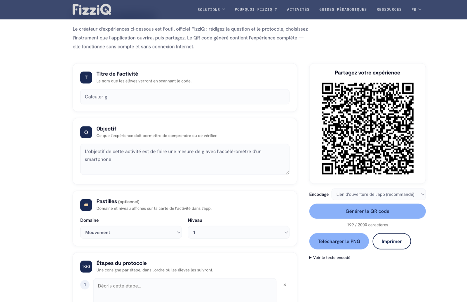 Le créateur d'expériences sur fizziq.org : rédaction du protocole et QR code généré