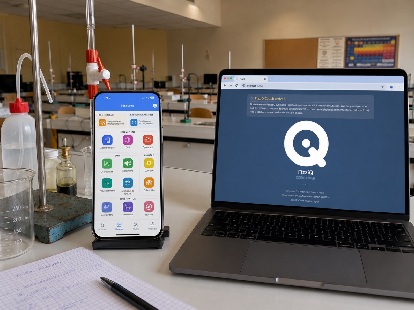 FizziQ Cobalt en classe : smartphone et ordinateur côte à côte dans un laboratoire