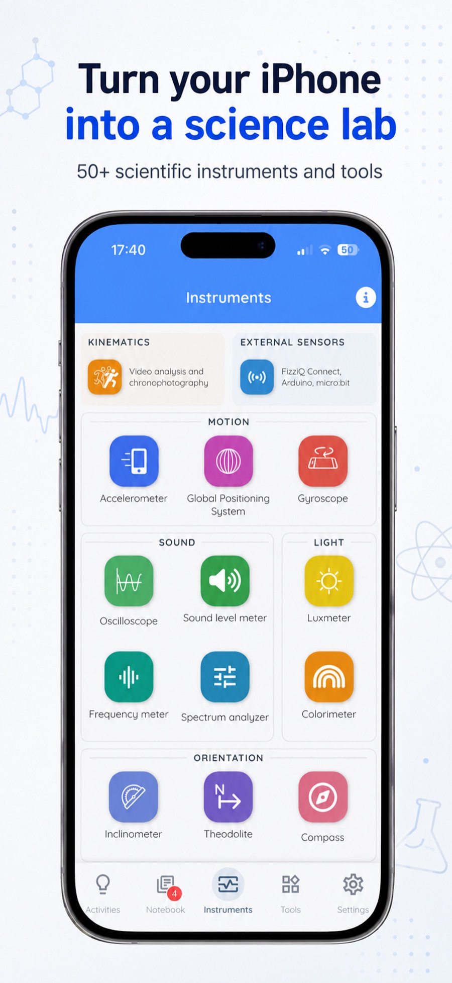 New Measures screen: instruments organised by themes