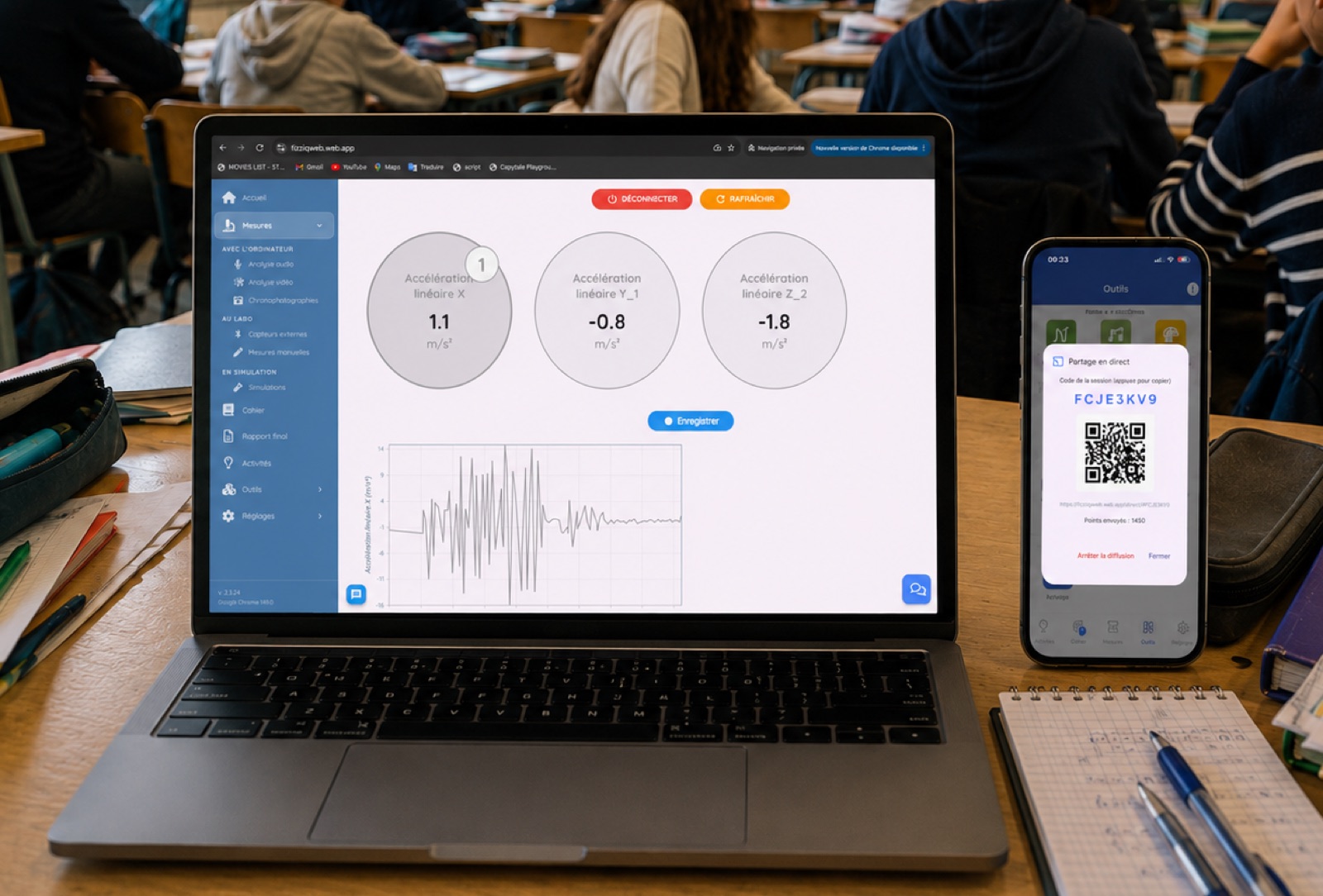 Partage en direct en classe : le smartphone diffuse ses mesures vers FizziQ Web sur l'ordinateur
