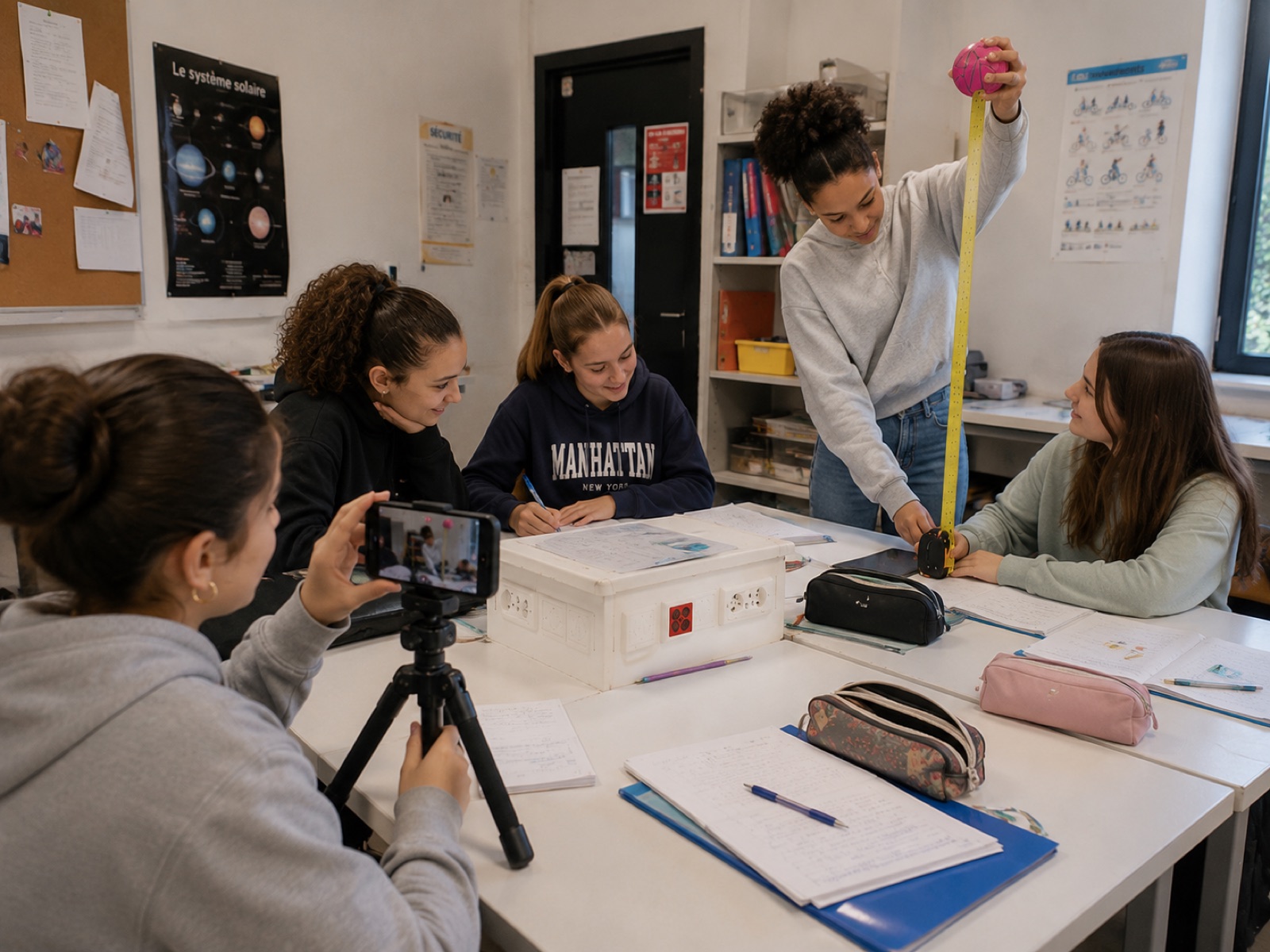 Des élèves en classe filment la chute libre d'une balle avec un smartphone sur trépied, à côté d'un mètre ruban vertical, pour l'analyse vidéo