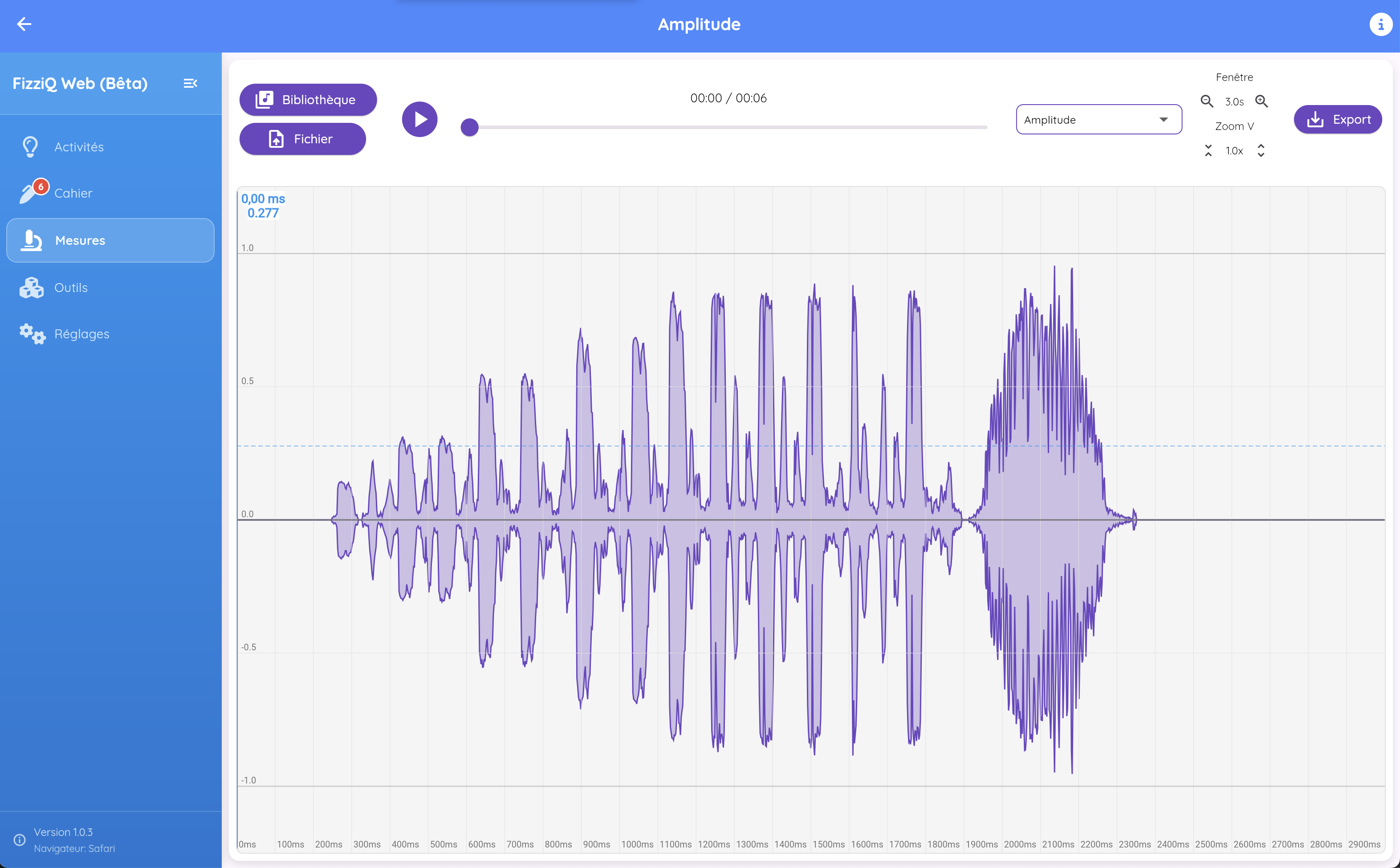 Analyse audio FizziQ Web sur ordinateur : oscillogramme d'amplitude d'un fichier son